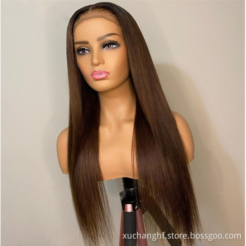 Factory wholesale price 100% Brazilian human hair woman wig natural brown color Body Wave 4*4 lace frontal wig with baby hair
